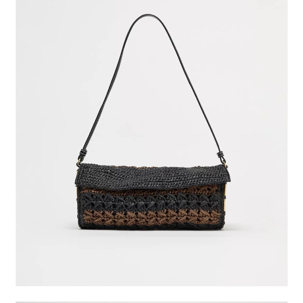 ZARA BRAIDED SHOULDER BAG WOVEN RAFFIA 6217/510 BLACK BROWN PURSE